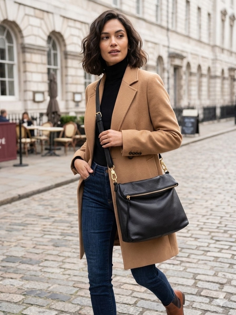margot Black Leather Shoulder Bag with Gold Accents
